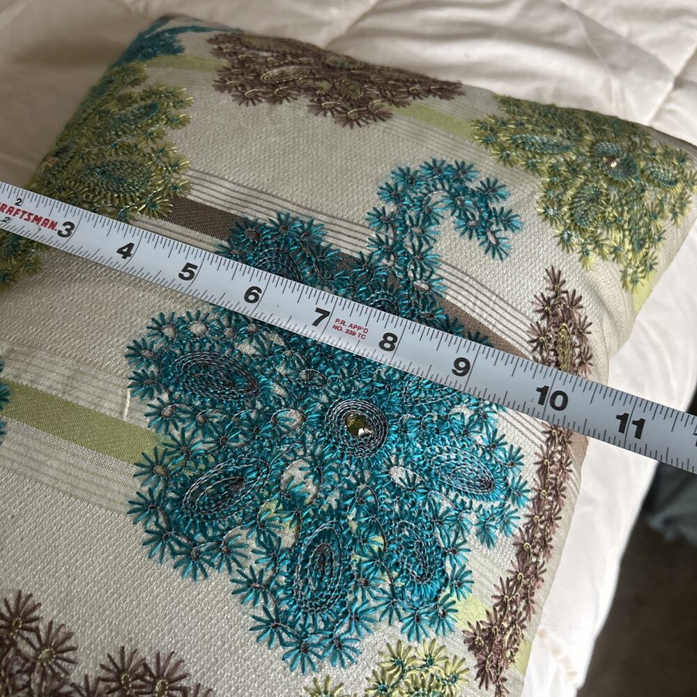 Pier 1 Imports Jeweled Embroidered Accent Pillow Green/Teal/Brown 19x13 - Picture 8 of 8